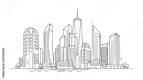 Minimalist line art illustration of a modern city skyline with skyscrapers