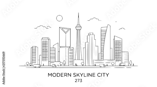 Minimalist line art illustration of a modern city skyline with skyscrapers