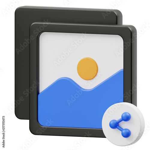 Fotografía 3D image share icon with photo preview card and sharing node, gallery file distr