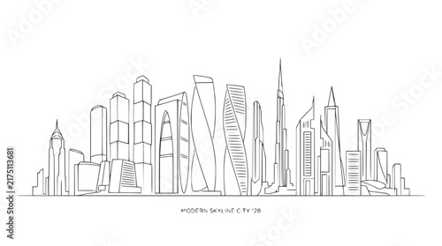 Minimalist line art illustration of a modern city skyline with famous skyscrapers.