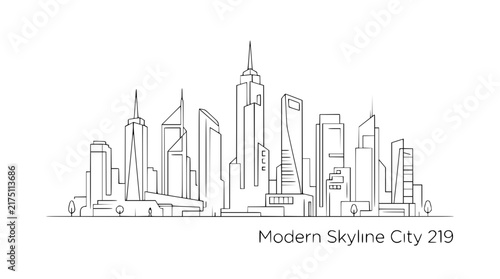 Minimalist line art illustration of a modern city skyline and skyscrapers