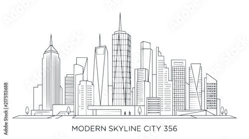Minimalist line art illustration of a modern city skyline with skyscrapers