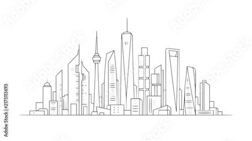 Minimalist line art illustration of a modern city skyline.