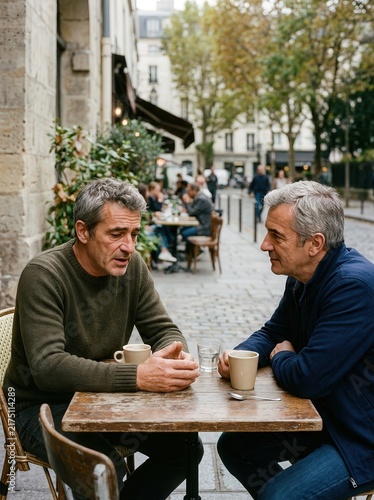 Two middle-aged men having a conversation over coffee at an outdoor cafe table