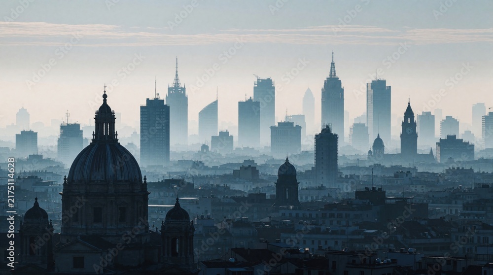 Obraz premium City skyline at dawn with misty rooftops, blue haze. Historic dome silhouette stands in foreground against distant skyscrapers. Urban metropolis landscape shows calm morning atmosphere with