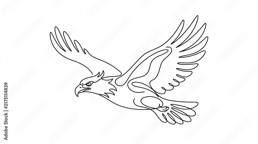 Fototapeta premium Flying eagle profile view line art illustration.