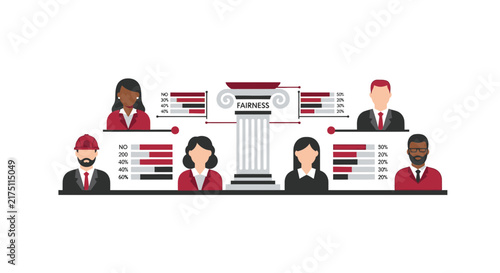 Fairness and Equity Concept Infographic with Diverse Professionals, Statistical Data Charts, and Classical Pillar Illustration for Business and Social Justice
