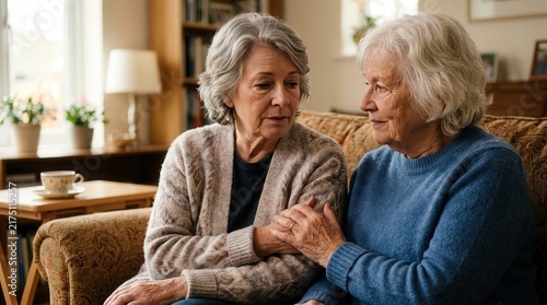 Two elderly women sharing a moment of comfort and support on a sofa
