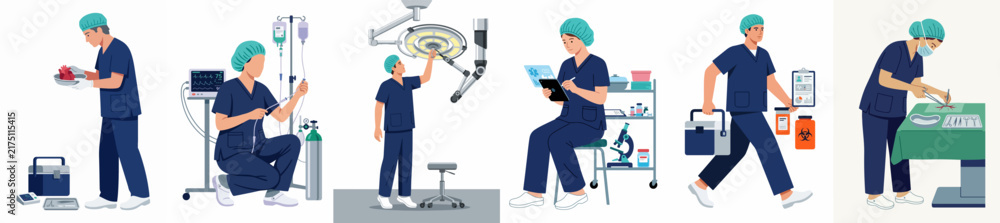 Obraz premium Set of flat vector illustrations depicting healthcare professionals in blue scrubs performing various tasks in a hospital and surgical setting.