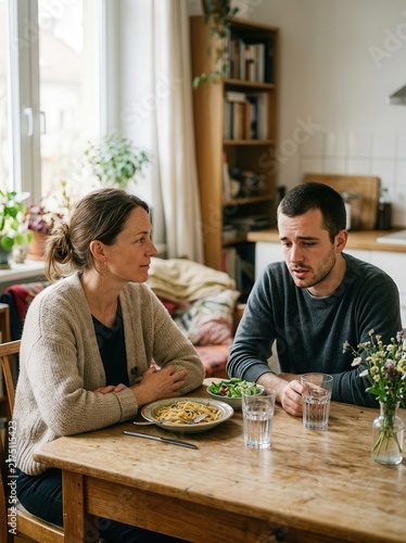 Young couple having a serious conversation while sharing a meal at the dining table at home