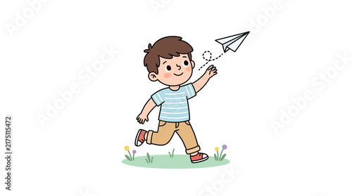 Happy Boy Flying Paper Airplane Cartoon Vector Illustration