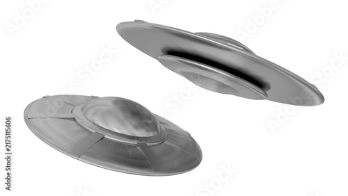 3D Render of Two Silver UFO Spaceships Flying in Outer Space, Iconic Sci-Fi Mystery Scene Representing Number 29 Alien Encounter
