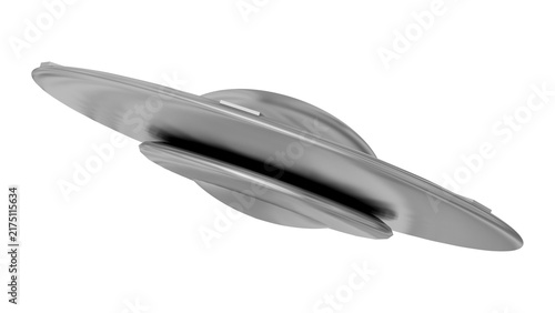A high-angle perspective of a metallic unidentified flying object or UFO, a science fiction 30-themed craft isolated against a white background