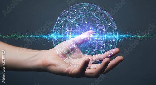 Human hand holding a glowing digital sphere representing global network and data connection.