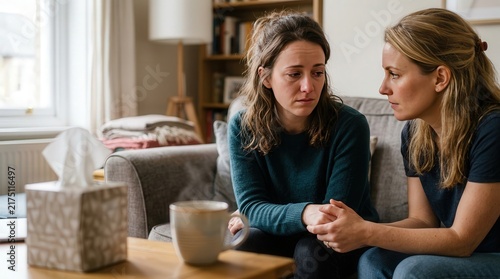 Two women sitting on a sofa and talking about something sad