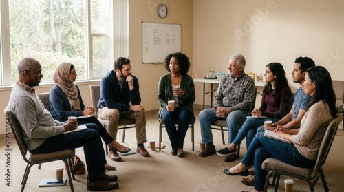 Multicultural group of adults having a discussion in a support group meeting sitting in a circle