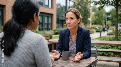 Two businesswomen having a conversation over coffee at an outdoor cafe table