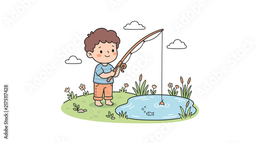 Kid Holding Fishing Rod by Pond Cartoon Vector Illustration