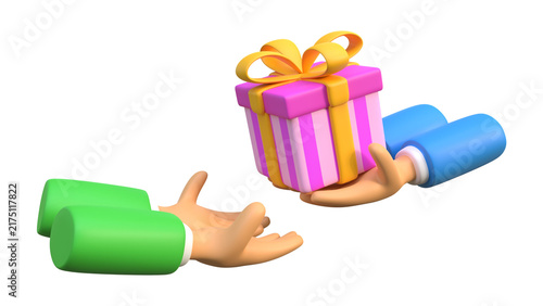 3D Render of Giving a Striped Pink Gift Box, Action of Handing Over a Present for Celebration, Concept 48 Isolated on White Background