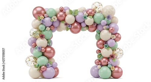 Pastel balloon arch with rose gold and mint decor for festive party celebration background