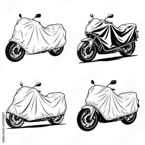 Принти на полотні Covered Motorcycle vector illustration featuring a motorbike protected beneath a fitted weatherproof cover with natural fabric folds and recognizable vehicle contours