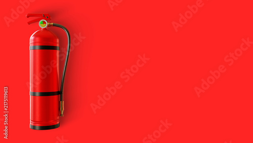 Fire safety, emergency protection equipment. Red fire extinguisher with pressure gauge and hose stands against a red background with copy space.
