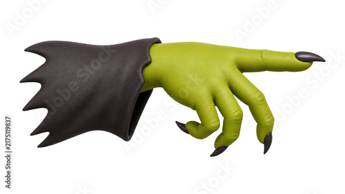 A creepy green witch hand pointing with long black claws in a studio isolated 65 style illustration for Halloween graphic design projects