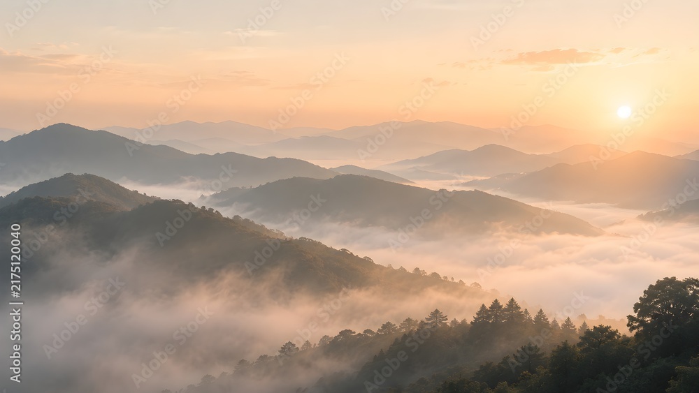 Fototapeta premium Breathtaking sunrise over misty mountain ranges and forest valleys, golden hour landscape
