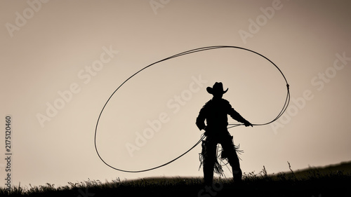 Cowboy silhouette lasso rope ranch sunset western landscape prairie horizon sky dramatic action adventure