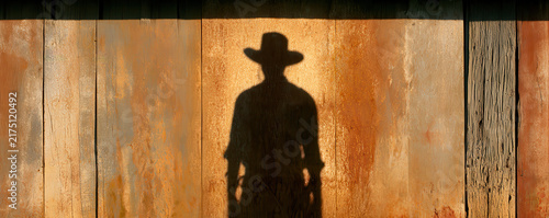 Cowboy shadow silhouette hat rustic barn wall western sunset light long shadow outline rusty metal texture blank sky strip mysterious lone figure country farm mood vintage rural scene dramatic