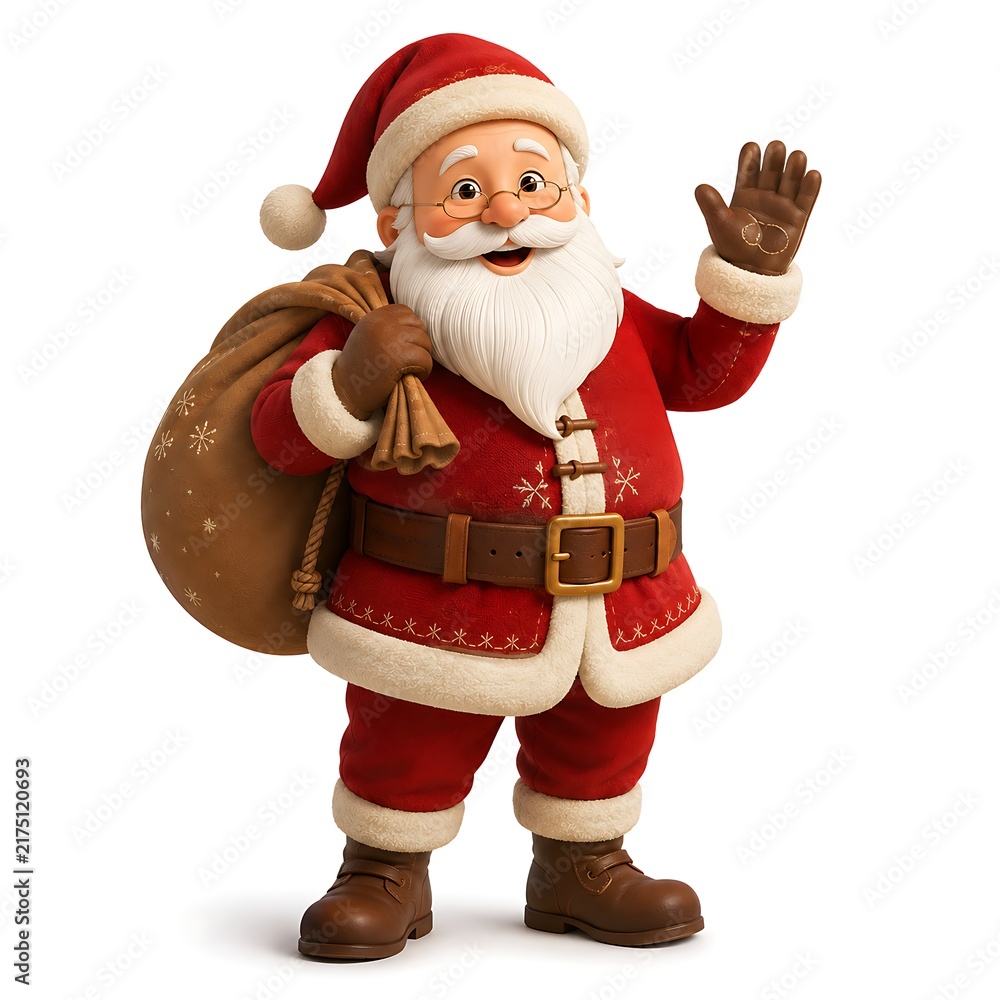 Fototapeta premium Cheerful santa claus wearing traditional red suit holding gift bag and waving hand