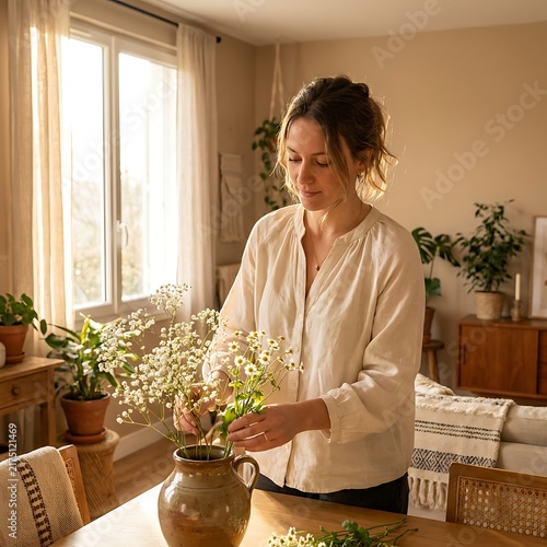Serene Woman Arranging White Daisy Flowers in Rustic Vase in Sunlit Living Room