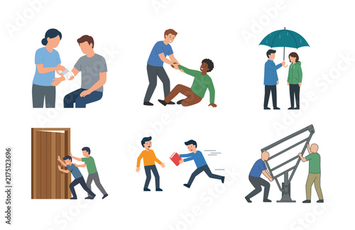 Collection of flat vector illustrations depicting people providing help and mutual assistance