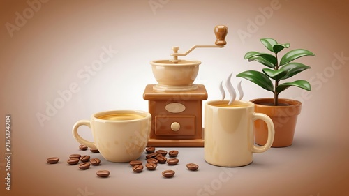 World Coffee Day Light Brown Background with 3D Plastic Coffee Cup Beans Leaves and Aroma Essence Illustration Premium Minimal Beverage Concept.