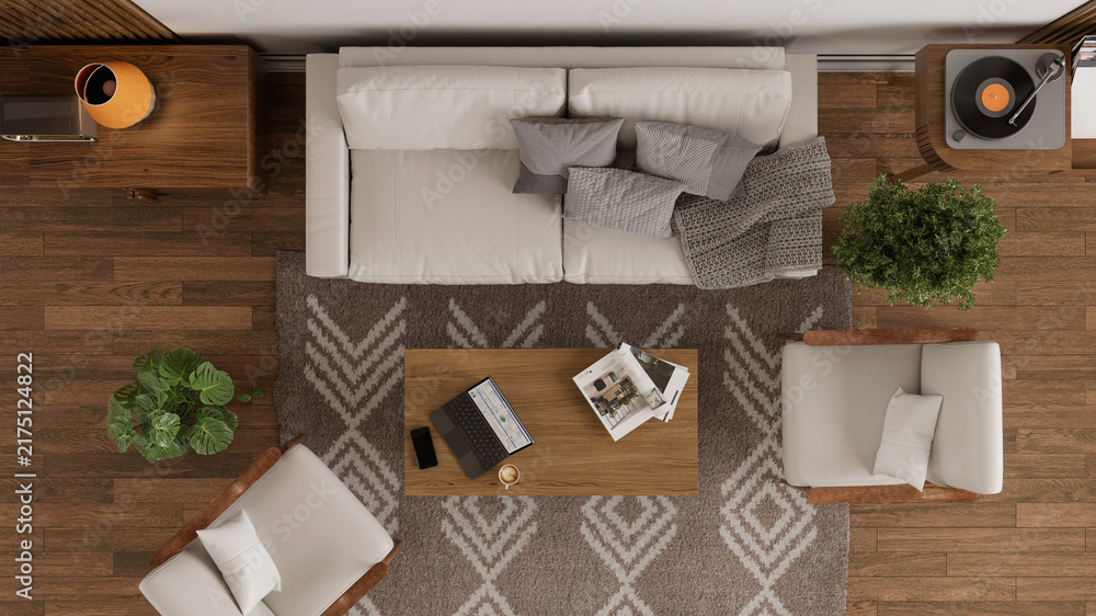 Obraz premium Top view of modern cozy living room interior with furniture
