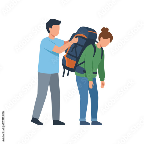 Man Helping Tired Woman Carry Heavy Backpack During Outdoor Hiking Trip Adventure