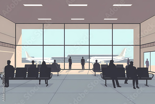 Silhouettes of people wait in an airport lounge with planes visible through the windows.