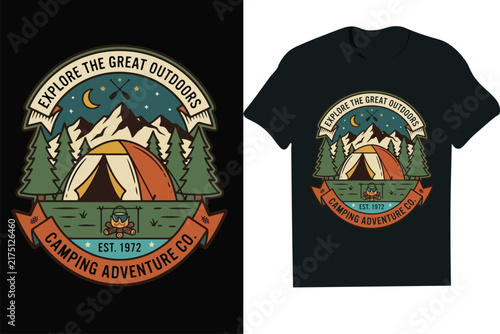 Vintage Camping Adventure Badge T-Shirt Design with Mountain Tent and Pine Forest Vector( 10 typography - mug,hoodie,t shirt,typography,quoutes,qoute,poster,post,card)