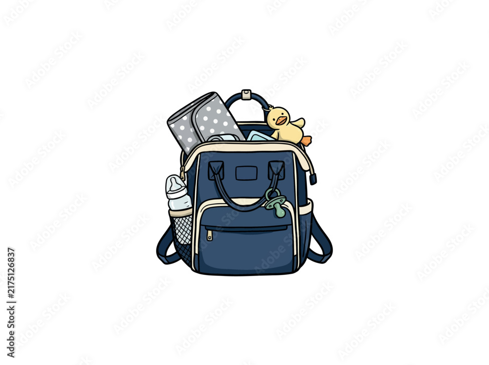 Fototapeta premium Blue Diaper Bag With Baby Bottle Pacifier And Toy Duck Vector Illustration