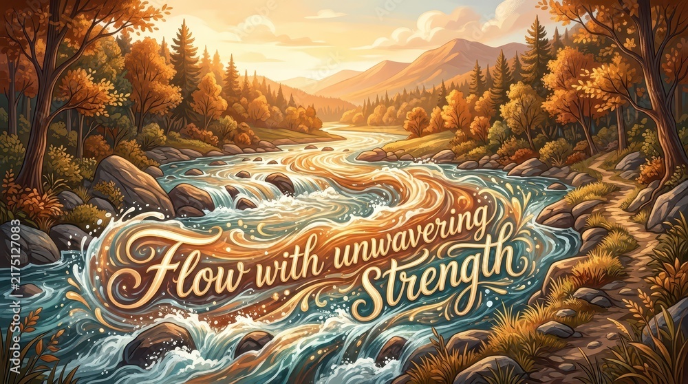 Fototapeta premium Vibrant autumn river with flowing water and inspirational text 'Flow with unwavering Strength' amidst trees and mountains at sunset