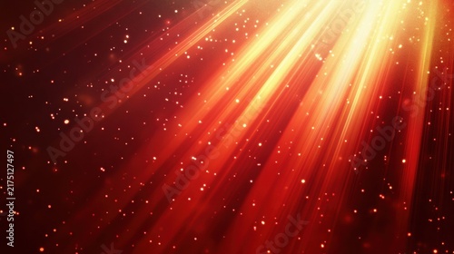 Abstract red background, with golden light, rays and floating particles