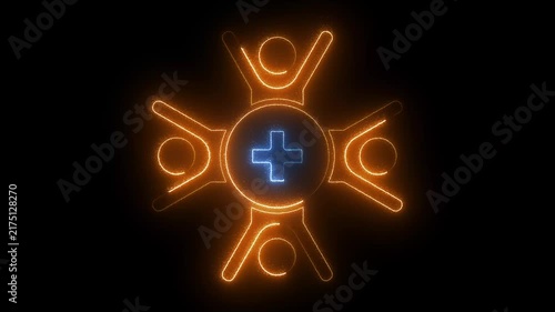 Neon medical cross with glowing human figures, abstract healthcare and community wellness symbol animation on black background