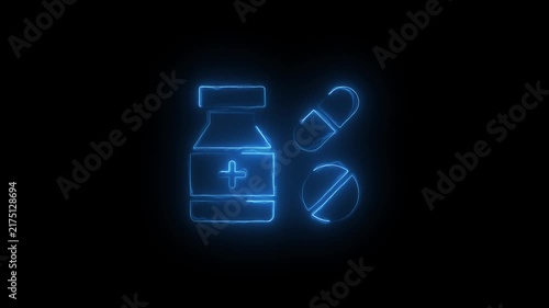 Glowing neon medicine bottle and pills animation for healthcare and pharmaceutical concepts pharmacy