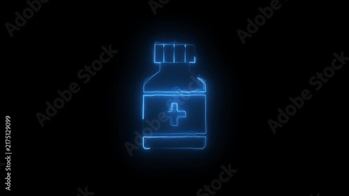 Neon glowing medicine bottle animation, pharmaceutical prescription pill container symbol, healthcare and medical concept motion blue light digital sign