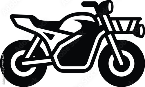 Minimalist graphic icon of a rugged motorcycle featuring a front storage basket design.