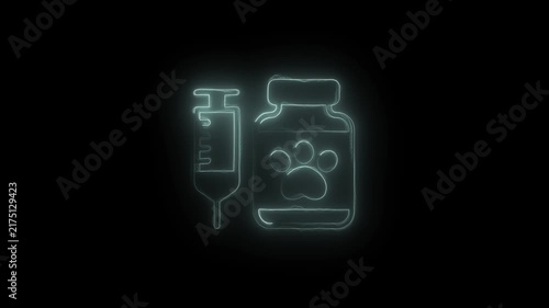 Neon veterinary medicine syringe and pet medication bottle animation for animal healthcare