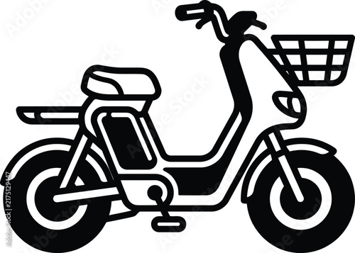 Black and white icon illustration of a small electric moped scooter with a front basket and a rear seat rack.
