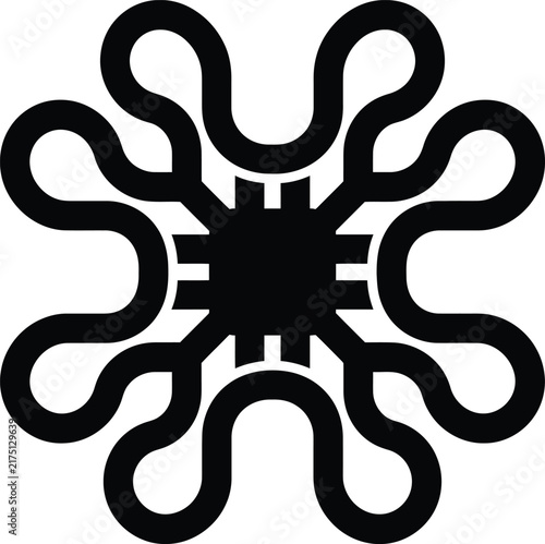 A geometric vector illustration featuring a symmetrical stylized floral or cellular design.