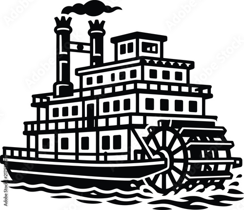 A classic monochromatic illustration featuring a grand paddle wheel steamship sailing across the river water with thick black smoke rising from its tall stacks.