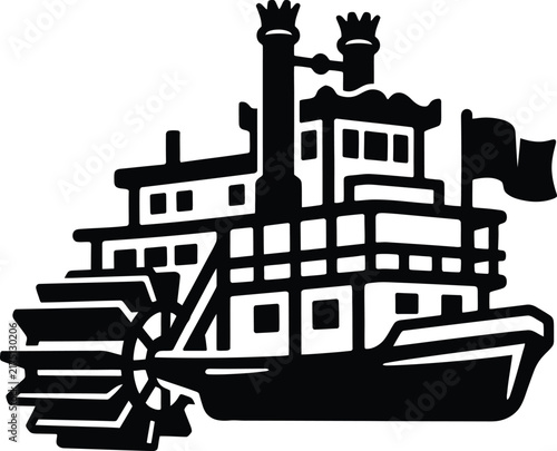 A detailed black and white silhouette illustration of a classic river paddle boat.